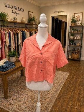 Shore Coral Linen Blend Crop Button Up Top NWT Raw Hem
